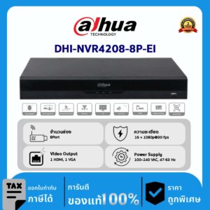 Dahua กล้องวงจรปิด รุ่น DHI-NVR4208-8P-EI 8CH 1U 8PoE 2HDDs WizSense Network Video Recorder