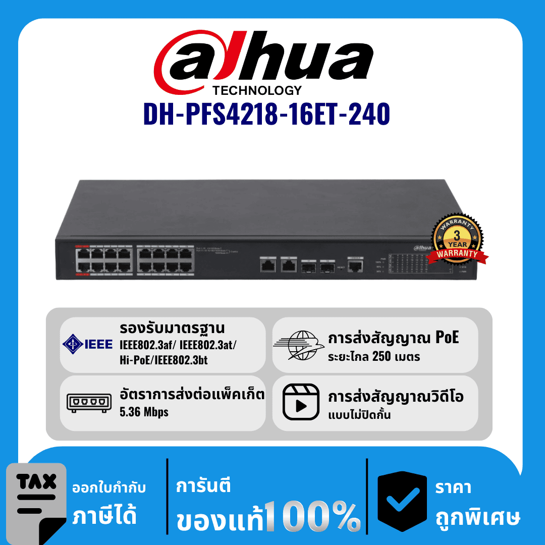 Dahua สวิตช์ 16 พอร์ต POE รุ่น DH-PFS4218-16ET-240