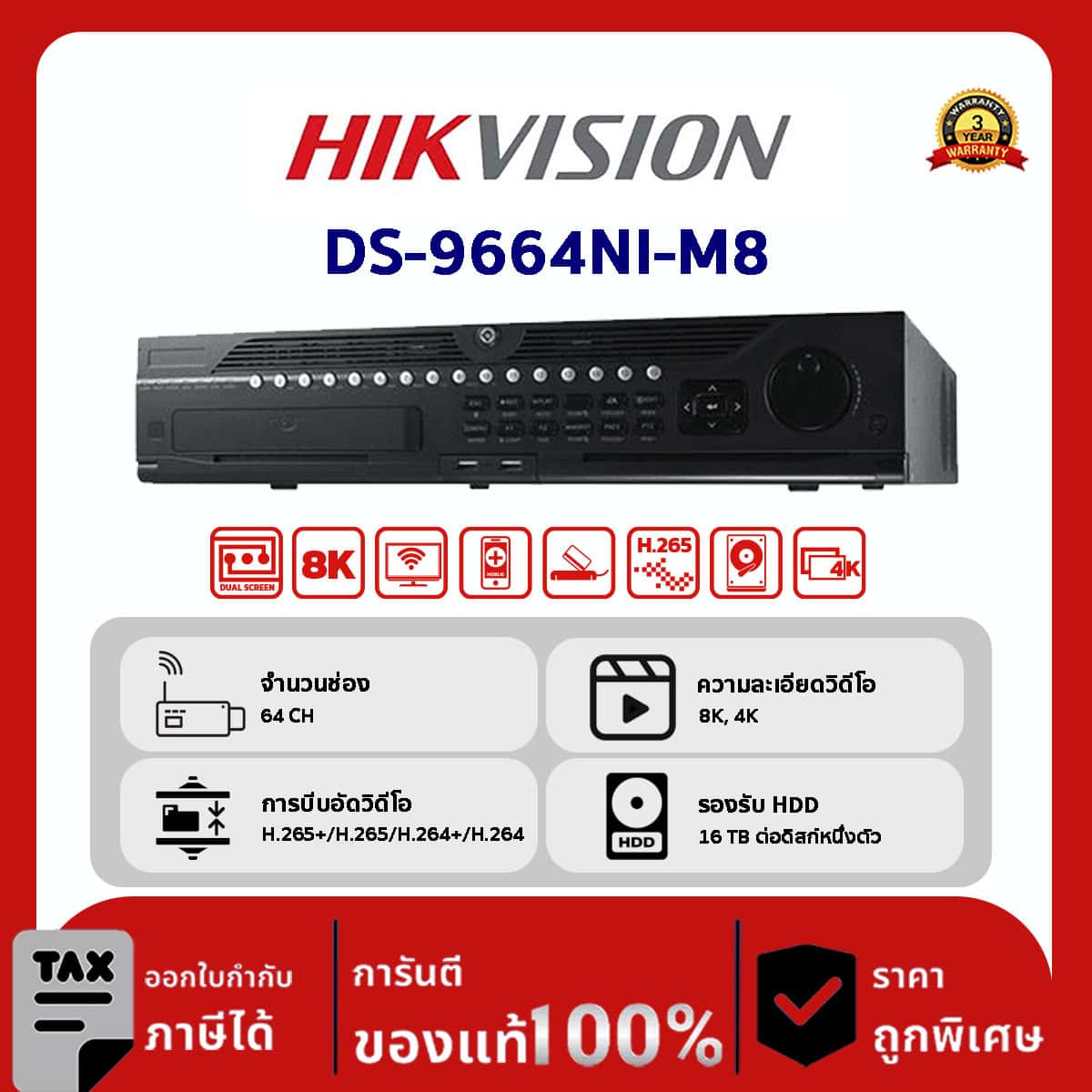 HIKVISION เครื่องบันทึก IP 64 ช่อง รุ่น DS-9664NI-M8 กล้องนับคน กล้อง ANPR (ระบบจดจำป้ายทะเบียนอัตโนมัติ) และกล้องฟิชอาย