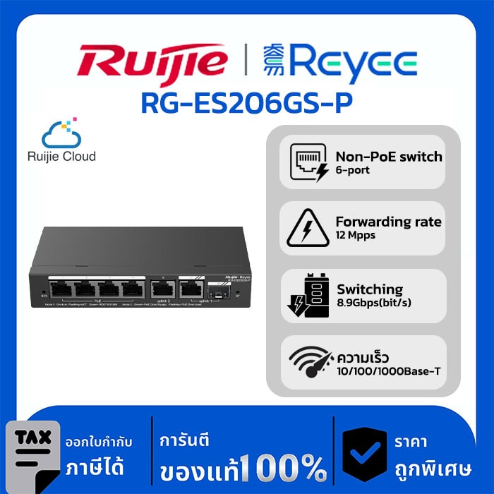 Switches รุ่น RG-ES206GS-P 6-Port Gigabit Smart Cloud Managed PoE Switch