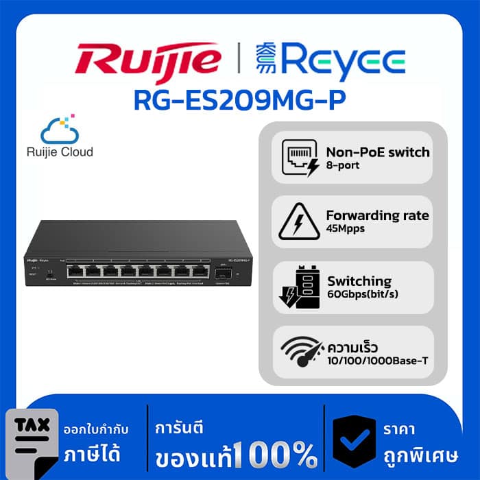 Switches รุ่น RG-ES209MG-P สวิตช์ PoE ที่จัดการบนคลาวด์ 2.5G จำนวน 8 พอร์ต, อัปลิงค์ 10G จำนวน 1 พอร์ต