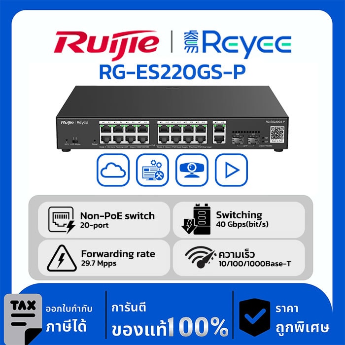 Switches รุ่น RG-ES220GS-P สวิตช์ PoE ที่มีการจัดการผ่านคลาวด์อัจฉริยะความเร็วระดับกิกะบิตแบบ 20 พอร์ต